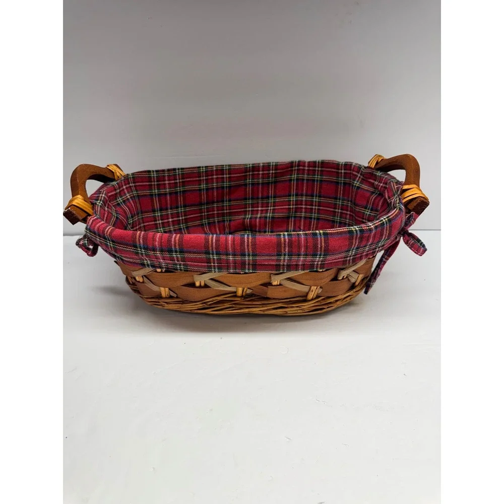 Vintage Wicker Bread Basket with Red Tartan Plaid Liner and Wooden Handles